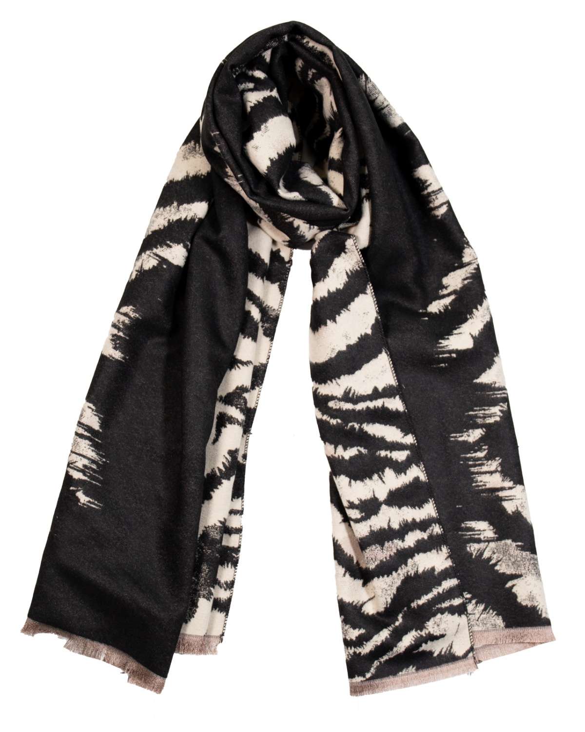 Echarpe réversible noire et ivoire en laine et viscose motif animalier  zebre